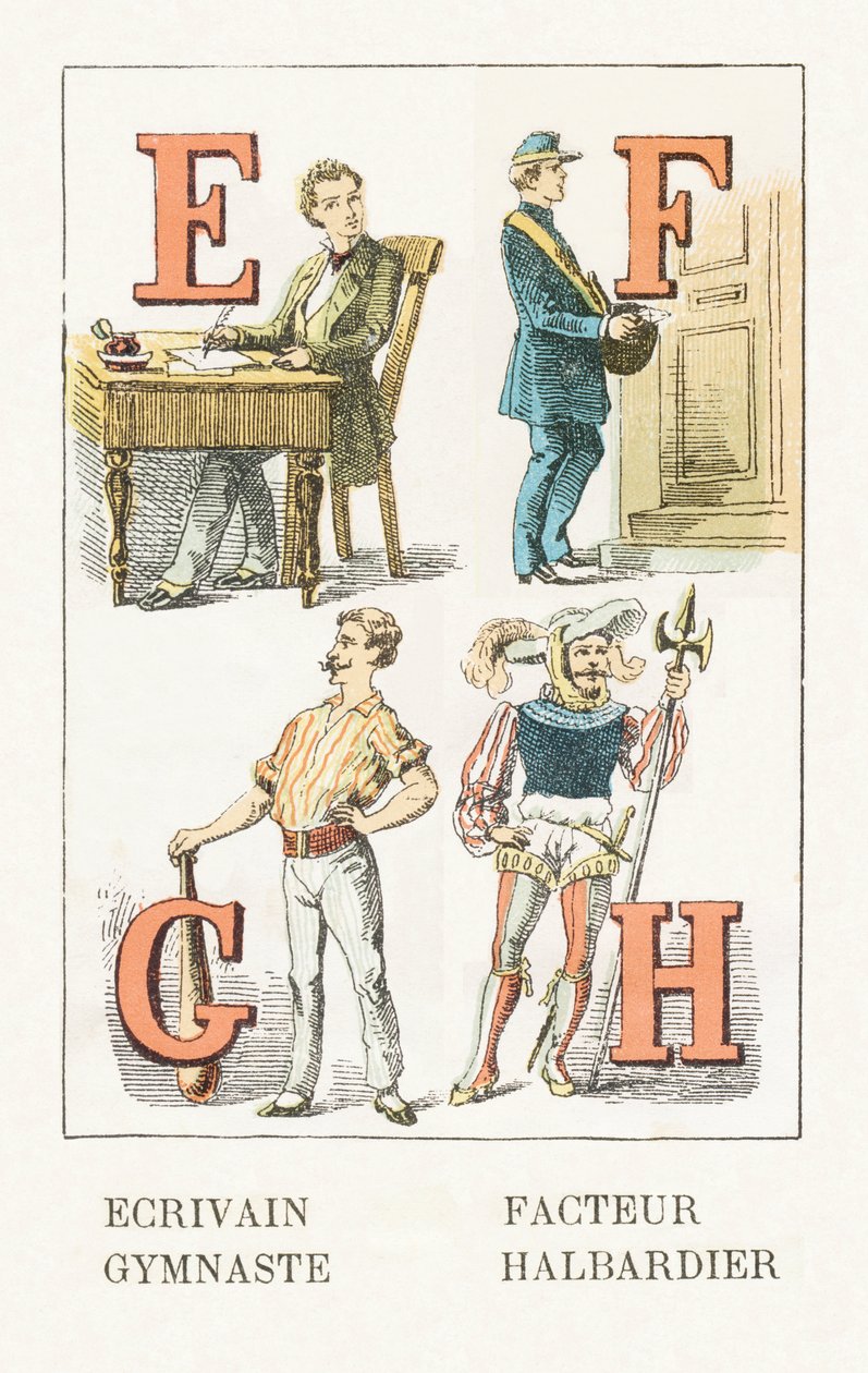 E - forfatter; F - Faktor; G - Gymnast; H - Halberdier - Childish Alphabet, Editions Gordinne 1920 (gravering) af Unbekannt