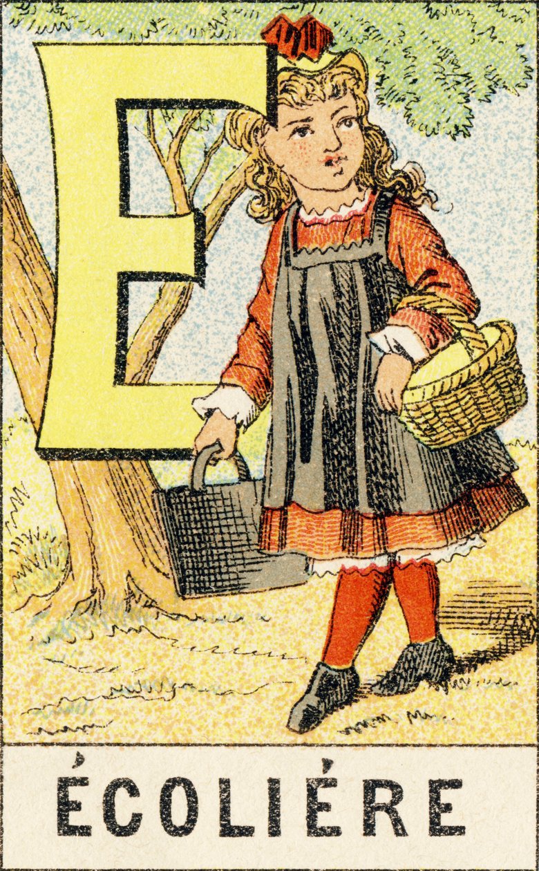 E: Skolepige - Indgravering taget fra ABCD af små piger. Pellerin & Cie, trykkeri-udgiver, Epinal, ca. 1890. Serie A. Mål: 19 x 13,5 cm. af Unbekannt
