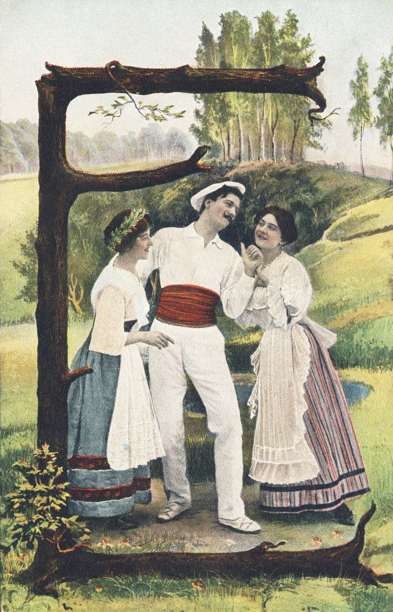E: En mand klædt i hvidt og rødt står mellem to kvinder iført nederdele, bluser og forklæder. Landeindretning - Alfabettegn Ref Th. E., L. Theochrom - Serie 994. Theodor Eisman, udgiver, Leipzig af Unbekannt
