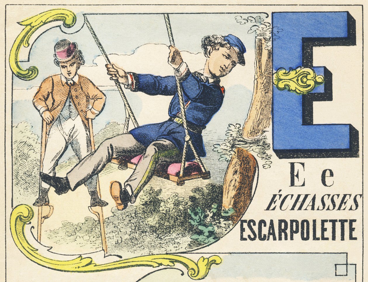 E : echasses, escarpolette - Spilalfabet, ca. 1890 (illustration) af Unbekannt