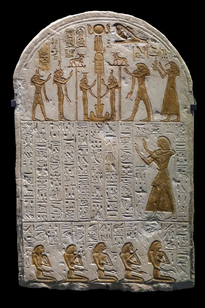 Ægyptisk oldtid: Stele af Neferhetep, kongens mundskænk omkring 1300 f.Kr. 19. dynasti, Dim 73x49 cm Paris Louvre museum af William M. Timlin