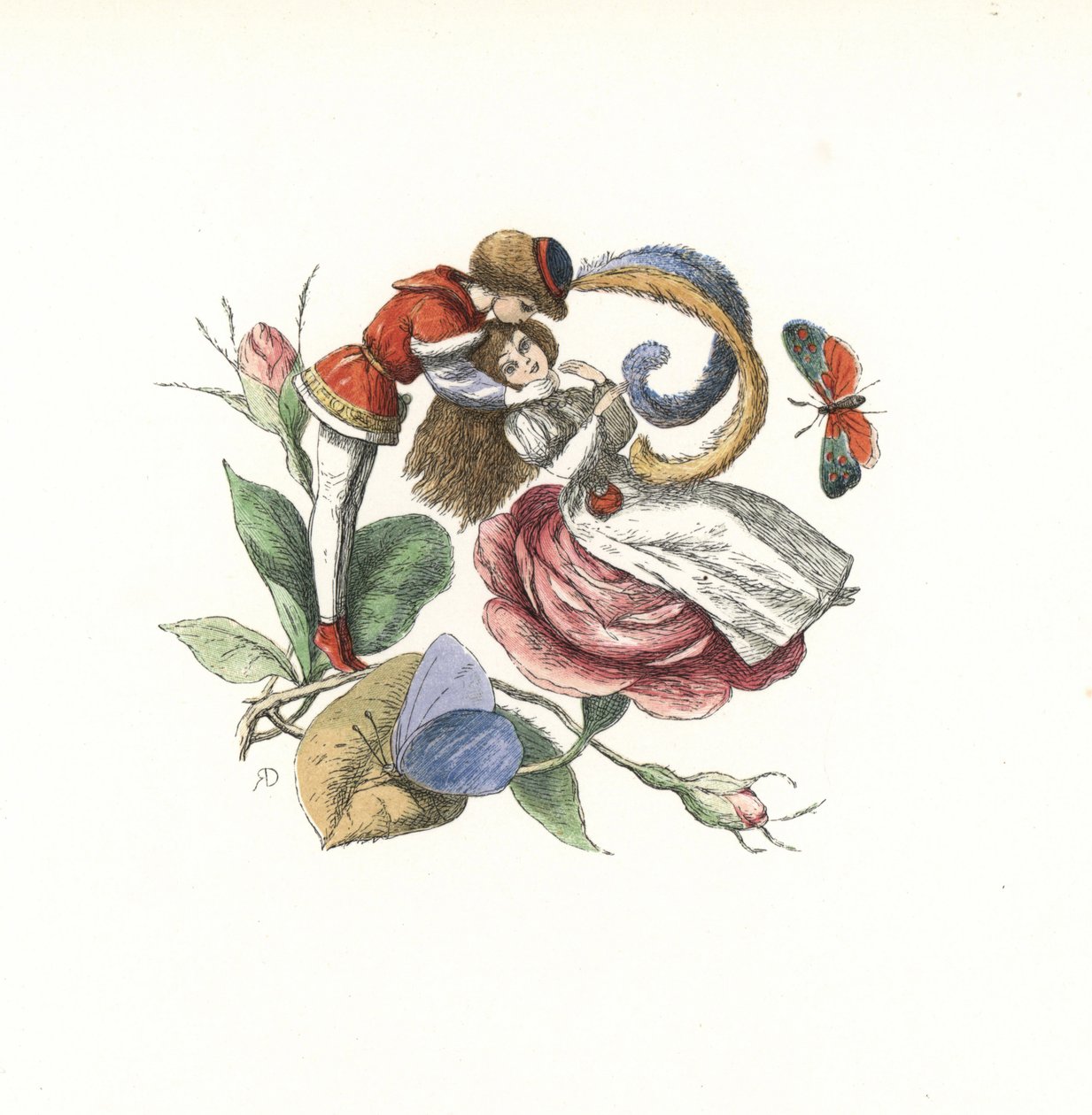 Alfe flirter med en fe på en rosenblomst. Håndkoloreret træsnit af Edmund Evans efter en illustration af Richard Doyle fra In Fairyland, a series of Pictures from the Elf World, Longman, London. af Unbekannter Künstler