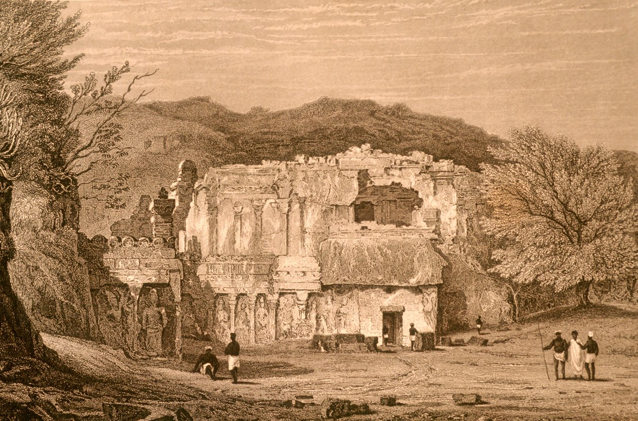 Elora-hulerne, Maharashtra, Indien (gravering) af Unbekannter Künstler