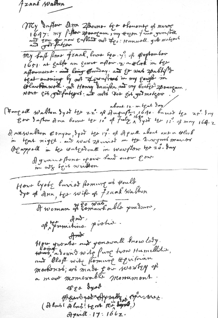 Indlæg af Izaak Walton på hans eksemplar af Book of Common Prayer, efter 1662 (pen & blæk på papir) af Unbekannt