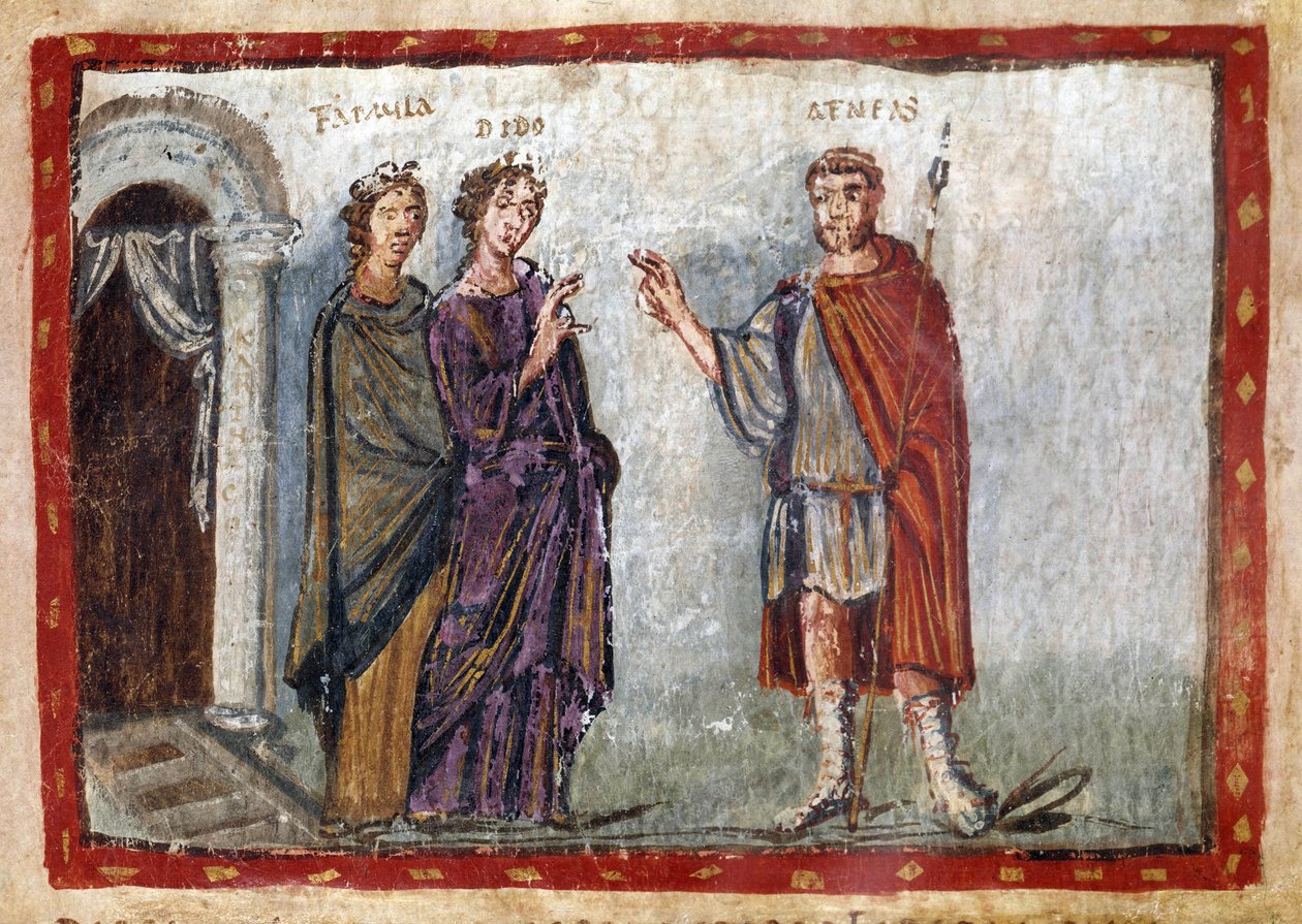 Episode af Vergils Aeneiden (70-19 f.Kr.): fremstilling af Aeneas og Dido. Dido forsøger at holde Aeneas tilbage. Dido fanges i fortvivlelse og begår selvmord. Miniature taget fra 