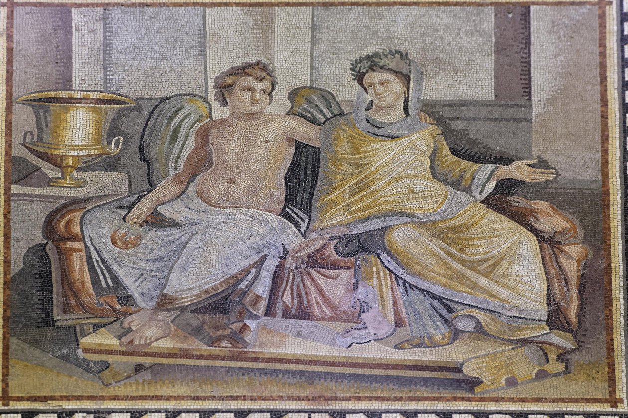 Eros og Psyche, mosaik fra Zeugma, Zeugma Mosaikmuseum, Gaziantep, Region Sydøstlige Anatolien, Anatolien, Tyrkiet, Asien af Unbekannter Künstler