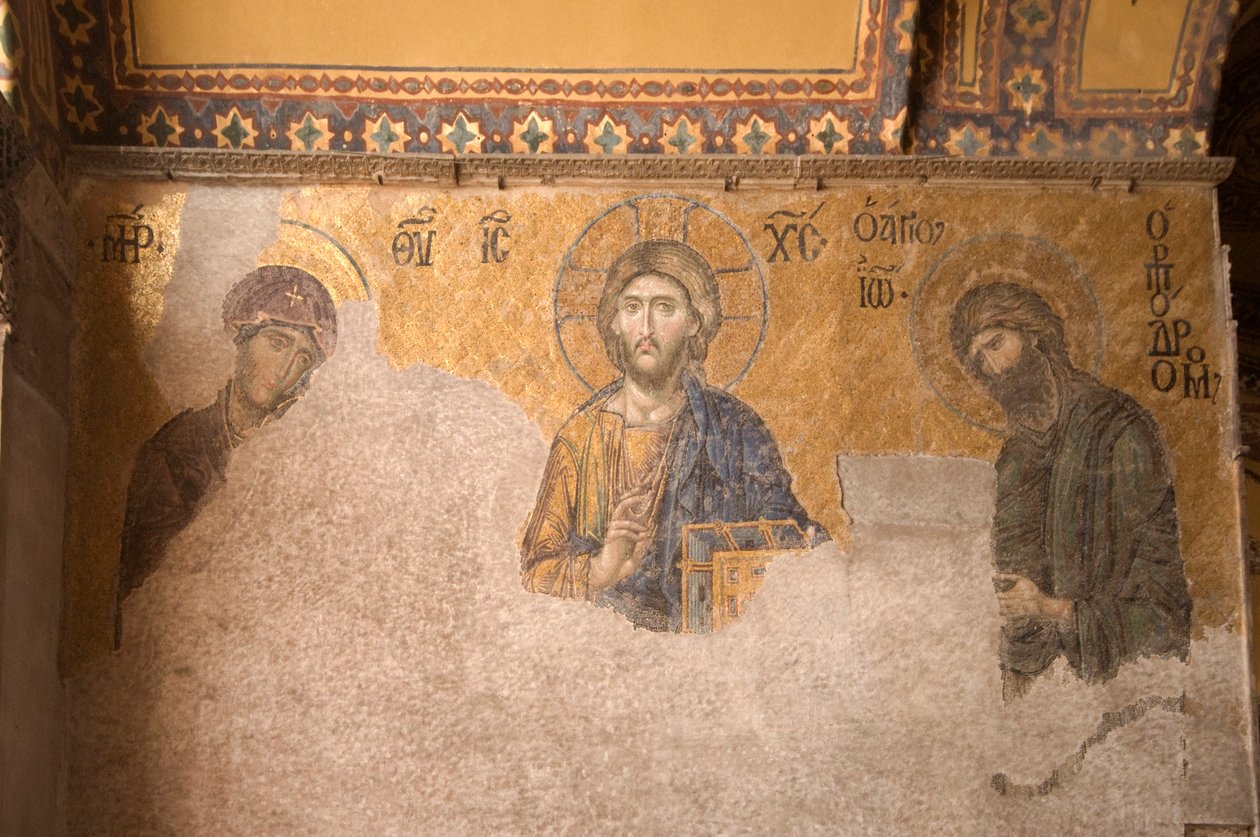 Europa-Asien, Tyrkiet, Istanbul, Aya Sofya Museum (537 e.Kr., tidligere moske og kirke), mosaikpanel med Kristus, Maria og Johannes Døberen af Unbekannt