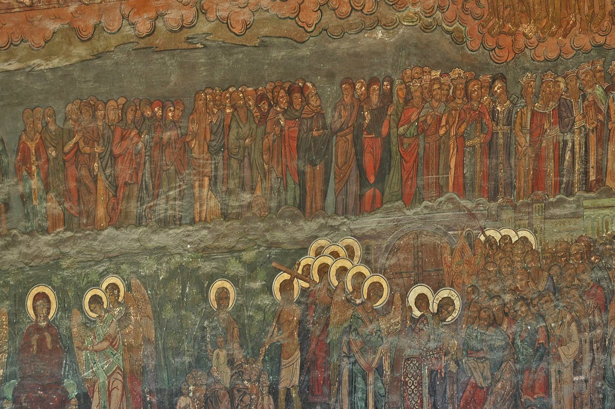 Europa, RUMÆNIEN, Bukarest, Patriarkalsk-ortodokse katedral (1656), vægfresko ved siden af indgangen af Unbekannt