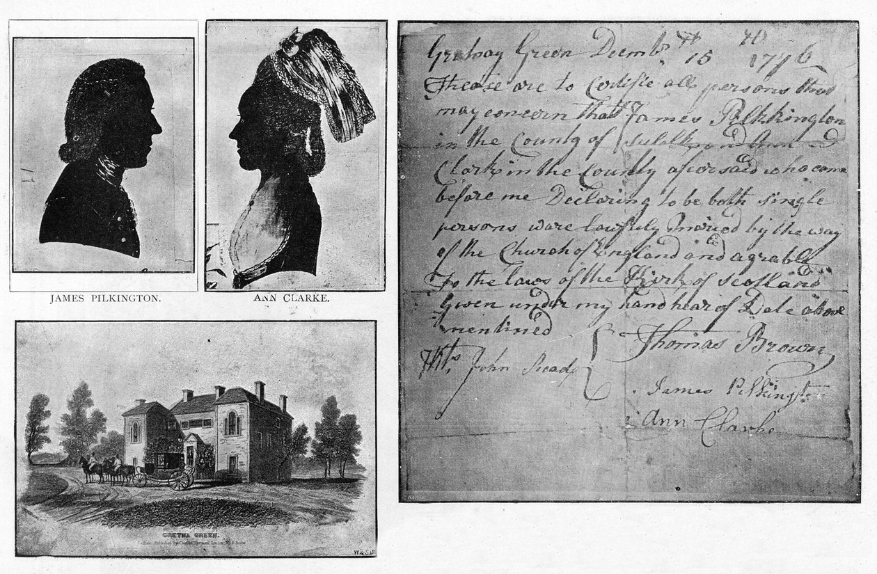 Faksimile af et Gretna Green-ægteskabsattest med portrætter af parret, James Pilkington og Ann Clarke, gift den 16. december af Unbekannt