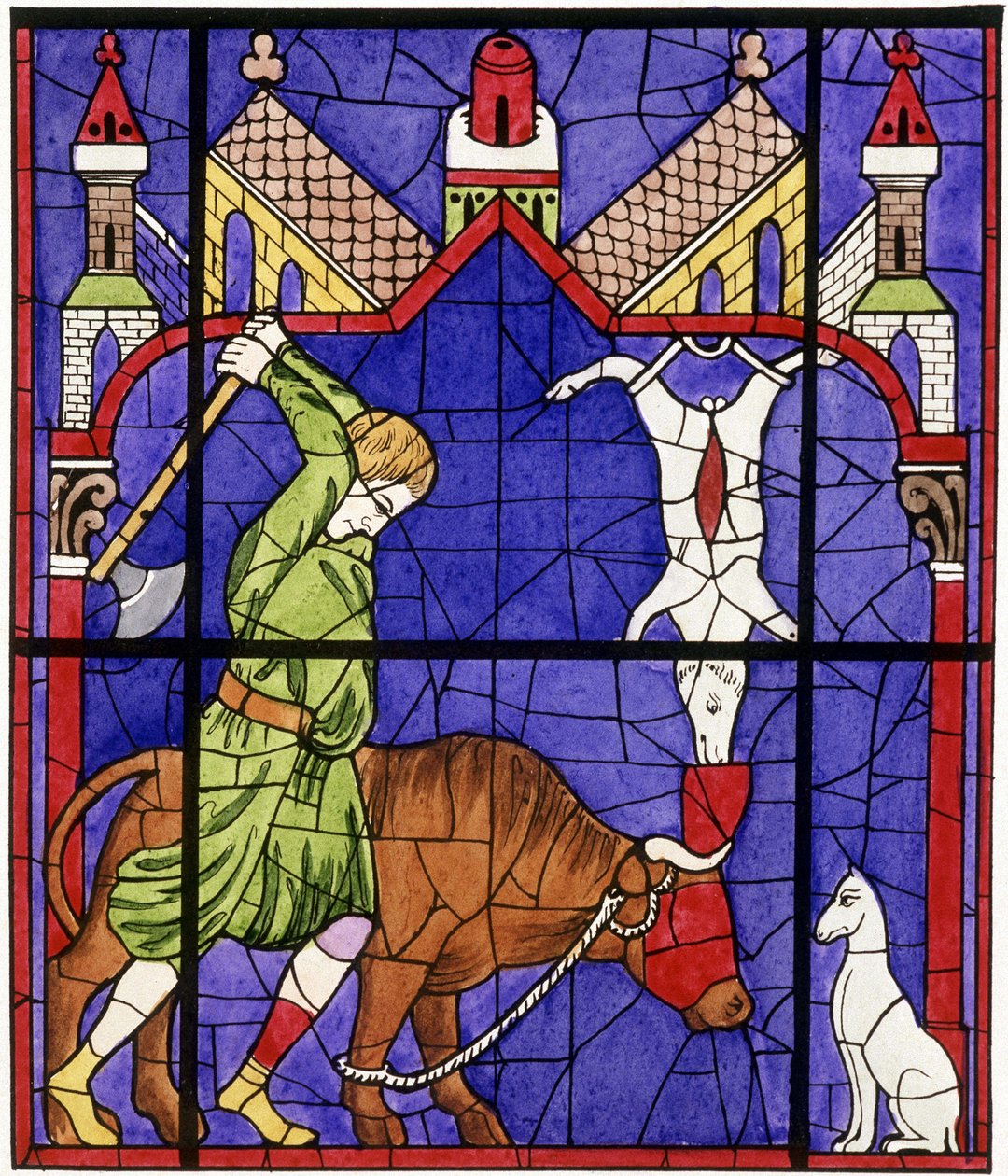 Faksimile af et farvet glasvindue i Notre-Dame de Chartres-katedralen, der forestiller en slagter af Unbekannter Künstler