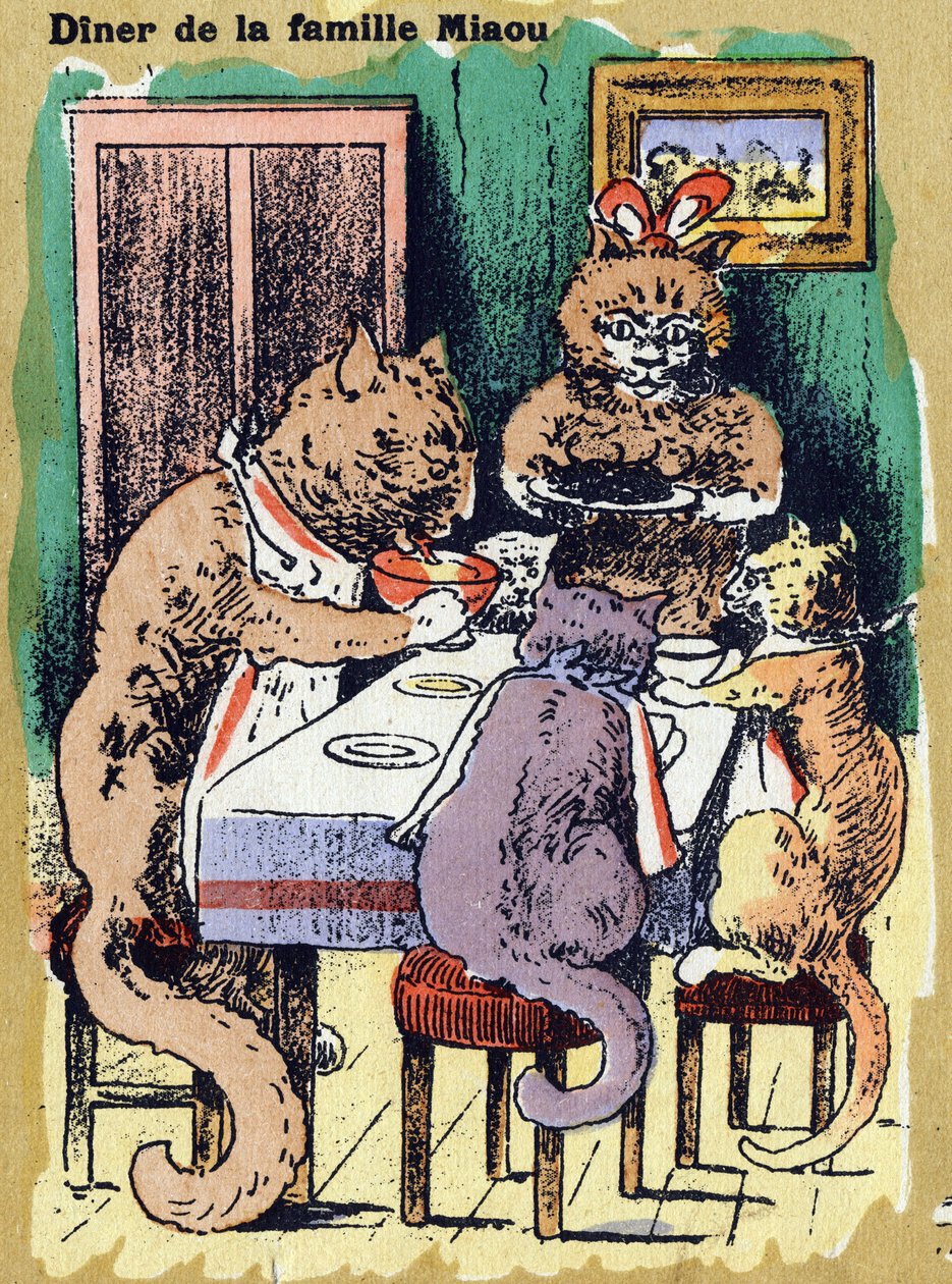 Familiemiddag miav. Illustreret alfabet. Billeder genforenet i Jarville-Nancy, begyndelsen af det 20. århundrede. Mål: 40 x 29 cm. Litografi på bistre baggrund af Unbekannt
