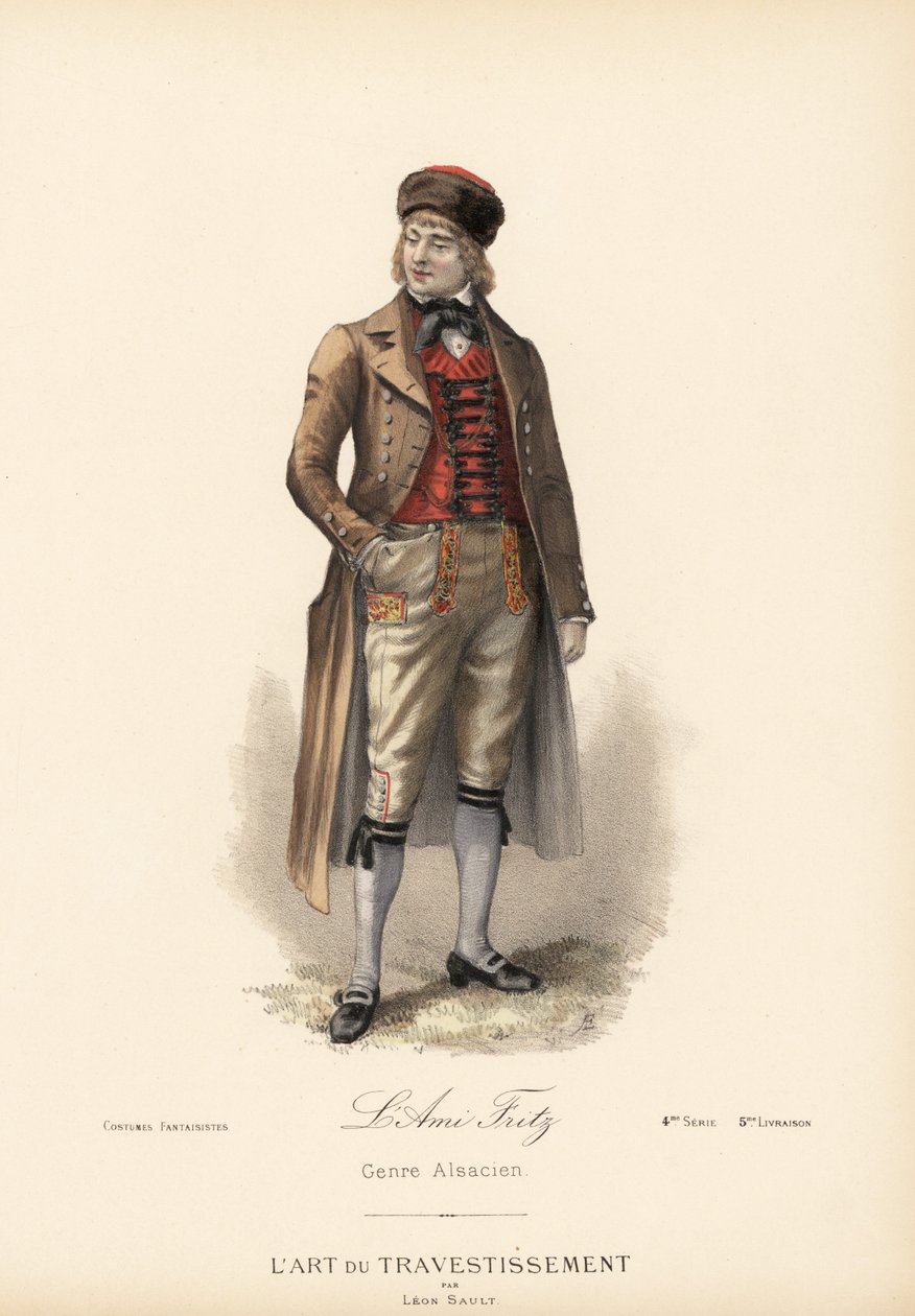 Udklædningsdragt til schæferhunden Ami Fritz (karakteren Fritz Kobus fra romanen af Erckmann-Chatrian). Ridefrakke, kashmirvest, trusser og pelskvast. Håndkoloreret litografi efter et design af Leon Sault fra "L