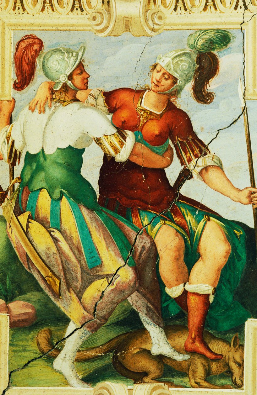 Kvindelige figurer iført hjelme, detalje fra fresco i Manta Castle (1400-tallet), Saluzzo, Piemonte, Italien af Benjamin Baud