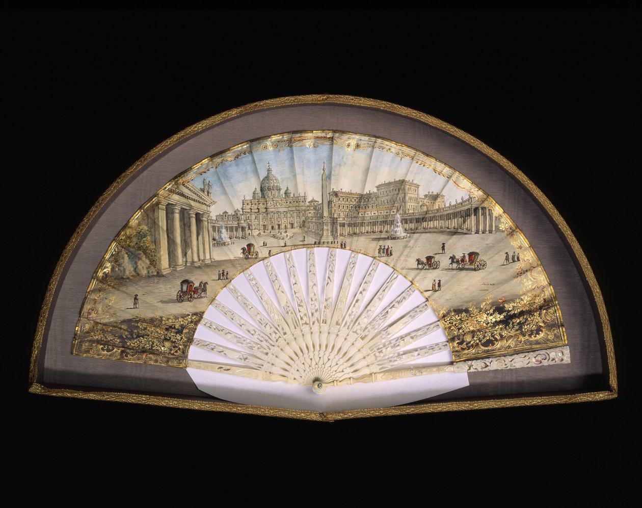 Hegnsmodel i guldindbundet papir dekorerer et gouache-maleri, der repræsenterer destinationerne for Grand Tour, normalt en praktisk rejse af kunstnere og intellektuelle fra det 18. og 19. århundrede i Middelhavslandene under deres ungdom for deres af Unbekannt