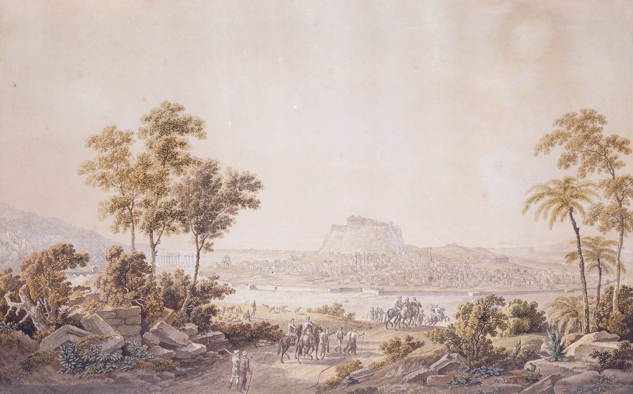 Figurer nærmer sig byen Athen, Grækenland, ca. 1800 af Unbekannt