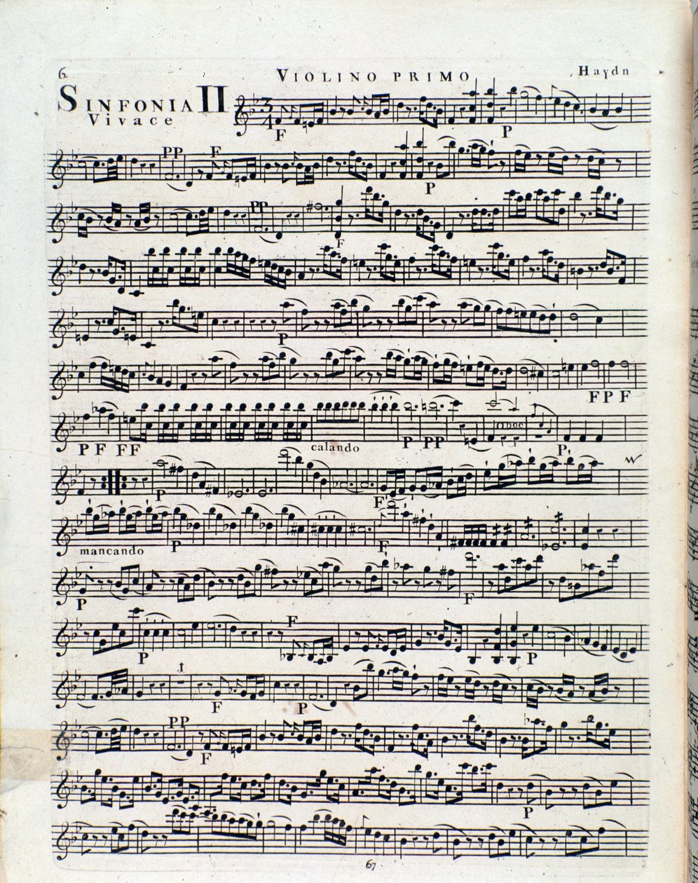 Første side af partitur for violin i symfoni nr. 2 af J Haydn af Unbekannter Künstler