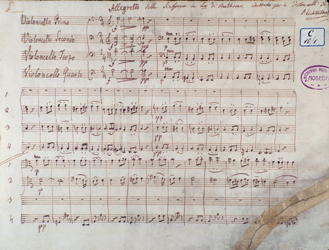 Første side af partituret for fire celloer af Symphony n. 7 da A-dur, op. 92, af Ludwig van Beethoven af Unbekannter Künstler