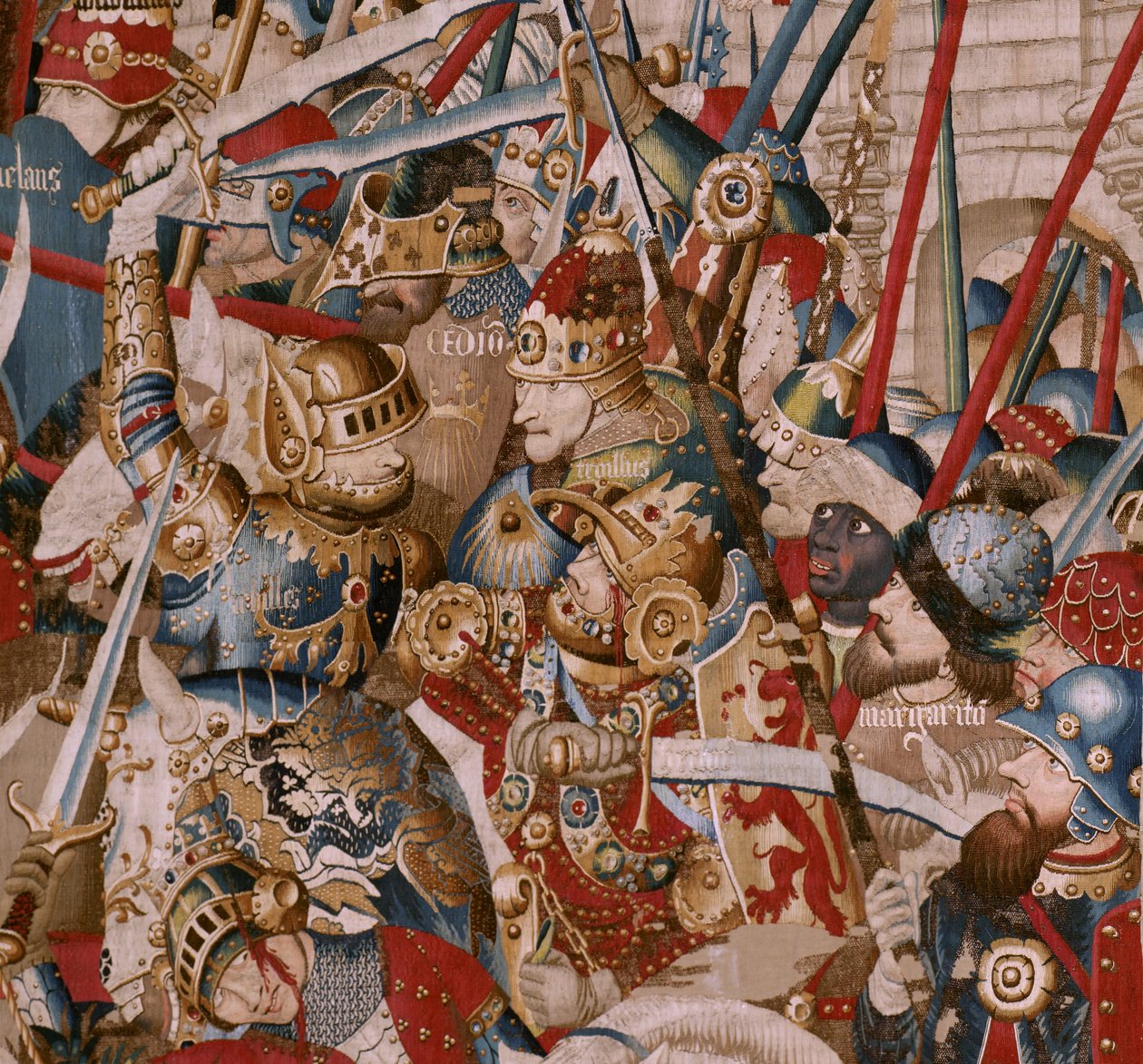 flamsk gobelin. Serien Den trojanske krig. Akilles telt (La Tienda de Aquiles). Sjette gobelin i serien. Model Coëtivy Master (Henry eller Conrard de Vulcop). Fremstiller Tournai-værksteder. Ca 1470. Stof Uld og silke, 6/7 kædegarn pr. cm. Størrelse 467 x  af Unbekannt