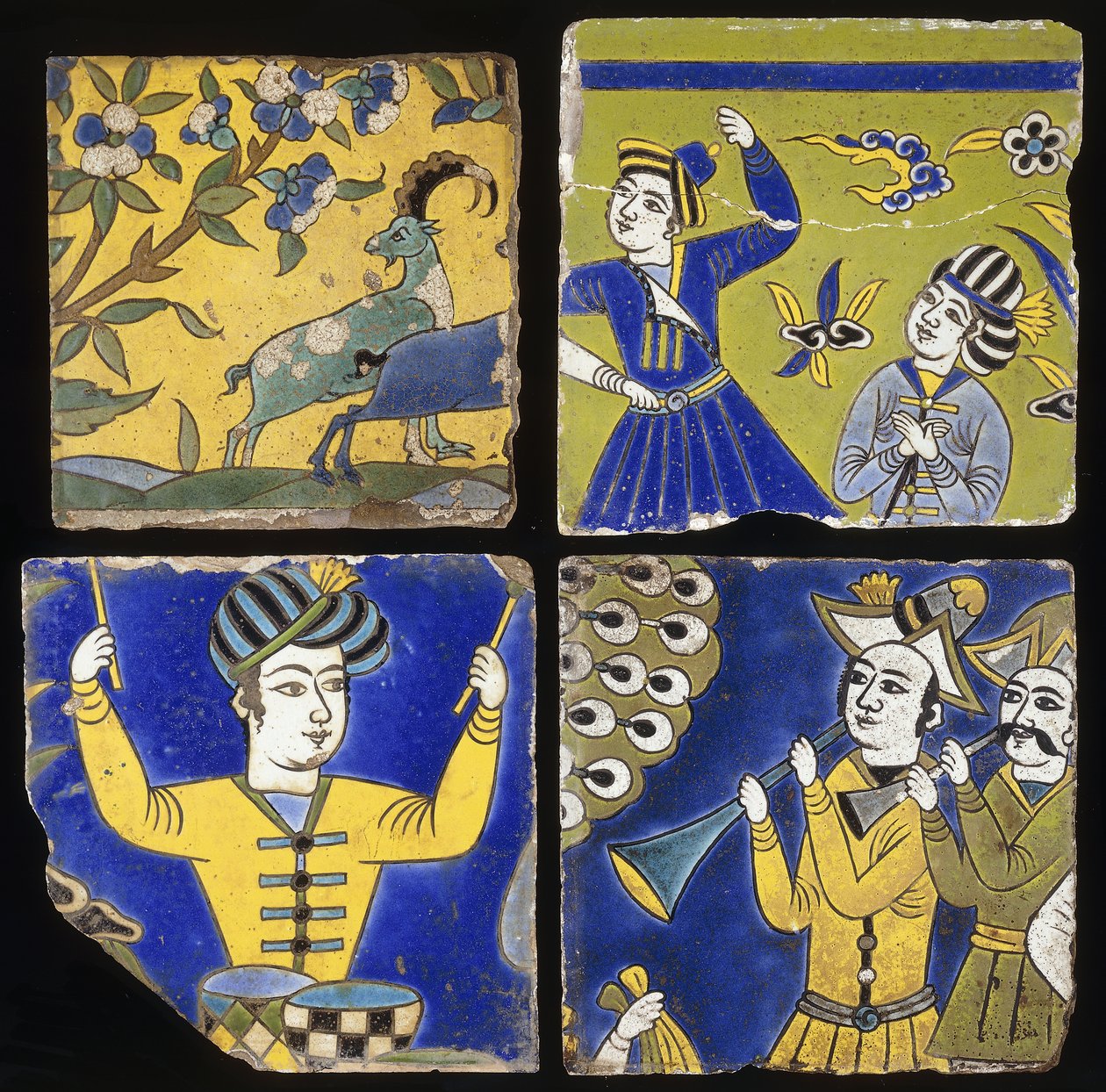 Fire Safavid cuerda seca fliser, forestillende to stenbukke, og figurer af musikere og dansere, ca. 1600 af Unbekannt