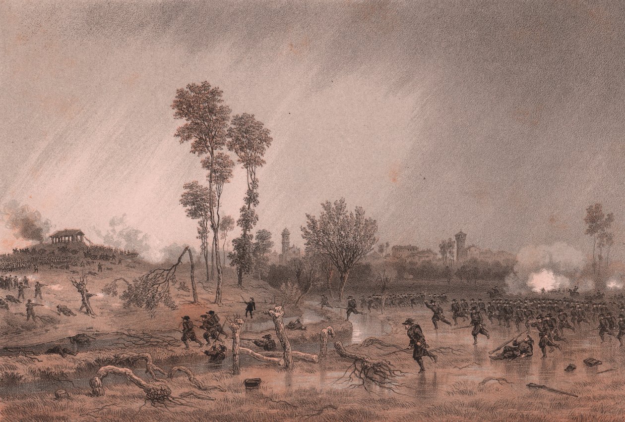 Fjerde piemontesiske division af general Cialdini under angreb af slaget ved Palestro, Lombardiet af William M. Timlin