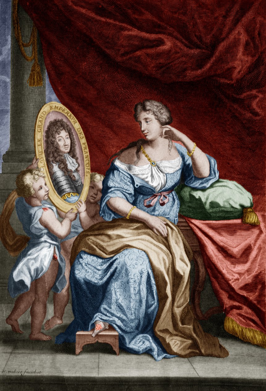 Francoise de Rochechouart de Mortemart marquess of Montespan (1641-1707), sagde Athenais, elskerinde til den franske konge LouisXIV, gravering koloreret dokument af Unbekannter Künstler