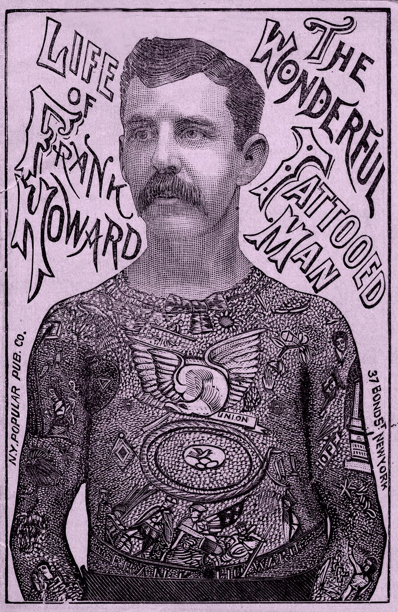 Frank Howard den vidunderlige tatoverede mand, ca. 1900 (farve litho) af Unbekannt
