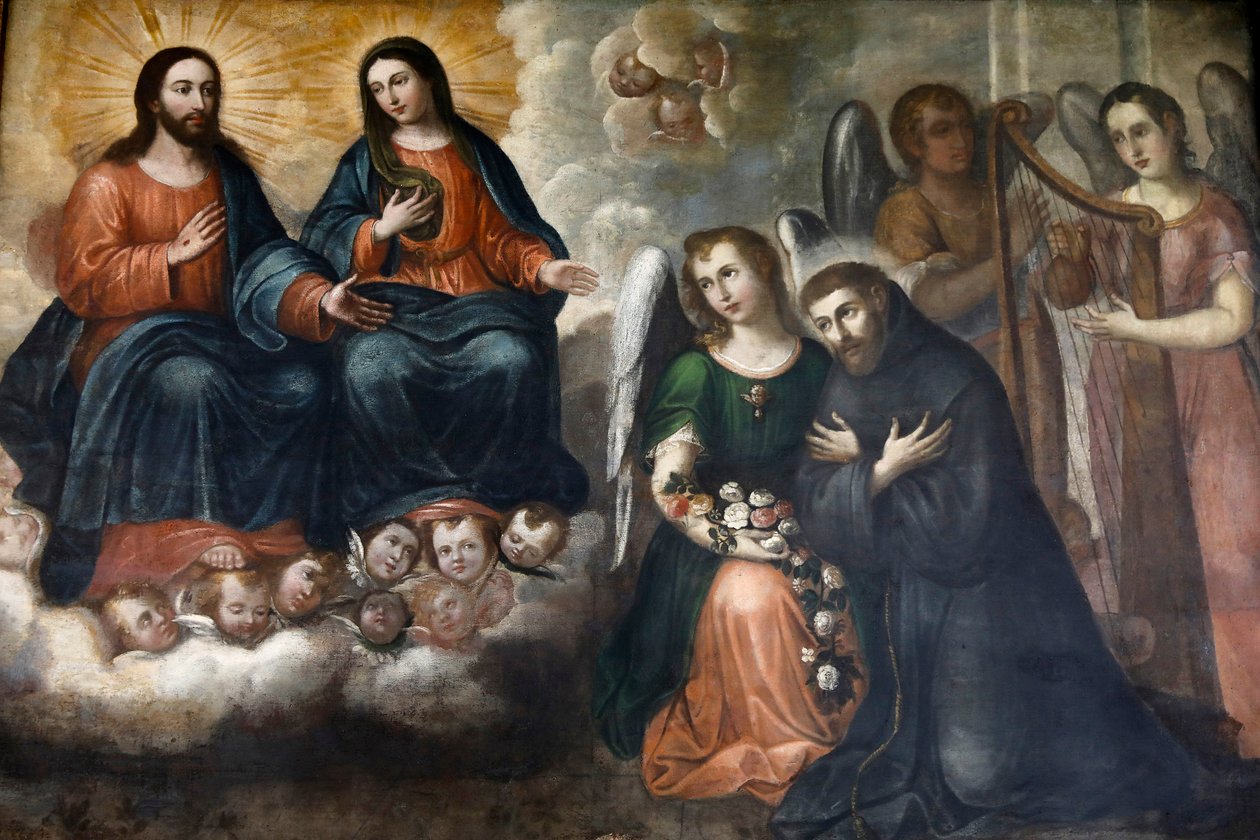 Fray Pedro Gocial museum i San Franciscos kloster, Quito, Ecuador. Maleri, der viser Jesus og Maria, der viser sig for San Francis (fotografi) af Unbekannter Künstler