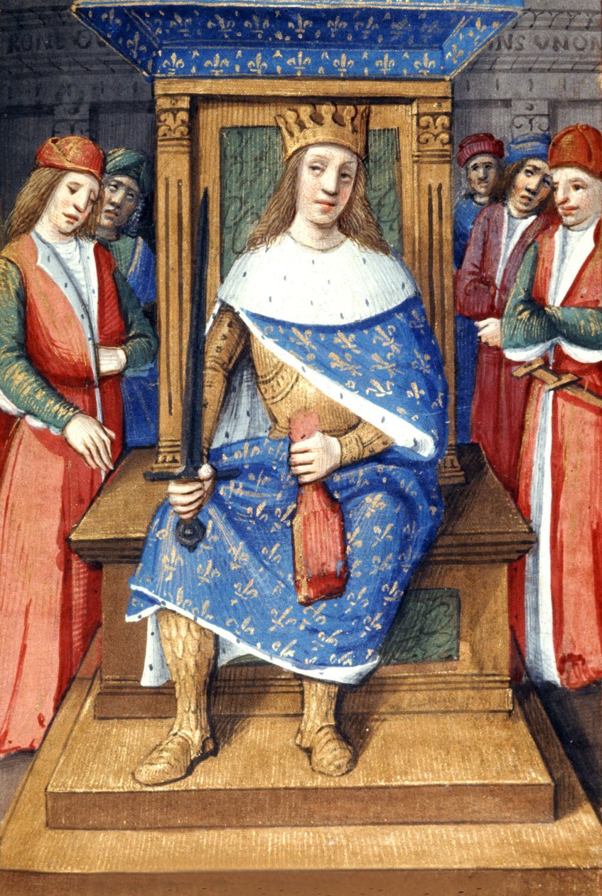 Den franske konge Louis IX (Saint Louis, 214-1270, konge fra 1226 til 1270) på sin trone, fransk illumination af Unbekannter Künstler