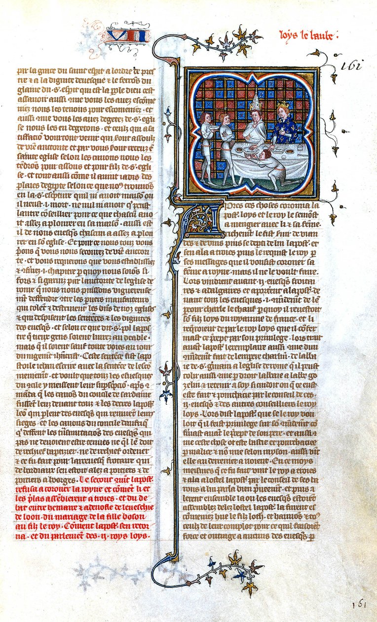 Den franske konge Ludvig den Stampende (846-879) møder pave Johannes VIII til sin kroning i 877, illumination fra "Grandes Chroniques de France de CharlesV", ca. 1375-1380 af Unbekannter Künstler