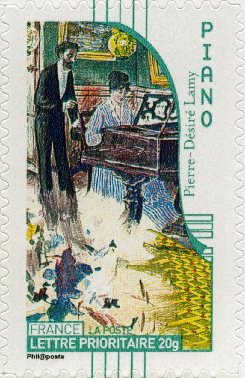 Fransk frimærke, der viser en kvindelig pianist, fra et maleri af den franske kunstner Pierre-Désiré Lamy - af Unbekannt