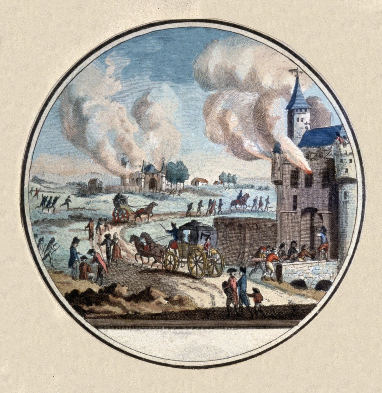 Den franske revolution, pøbel i løkke om et slot, ca. 1792-1793 (medaillion) af Unbekannter Künstler