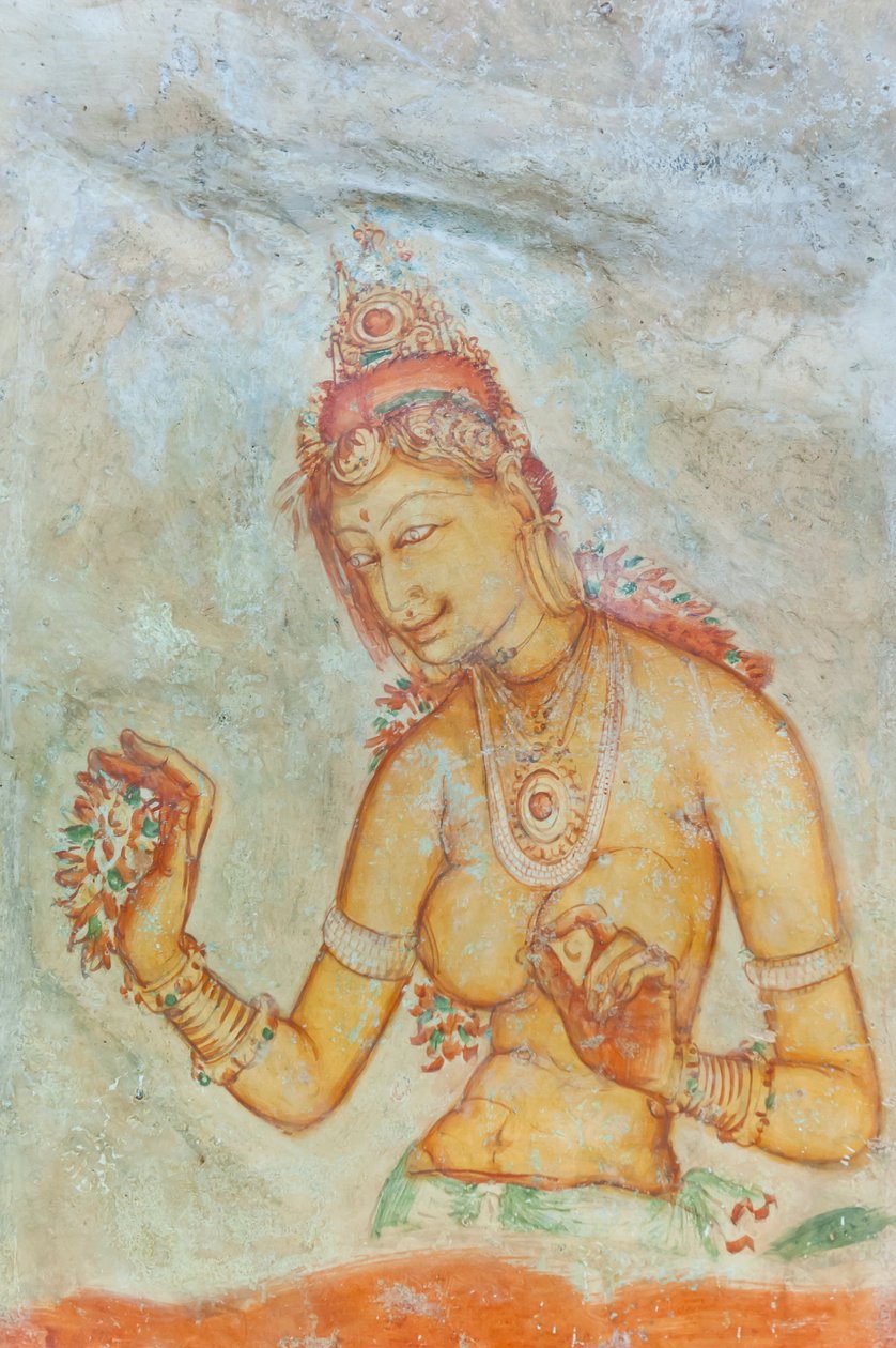 Fresco; barbarmet kvinde med blomster; Apsara; UNESCOs verdensarvsliste; Sigiriya; Sri Lanka; Asien af Unbekannt