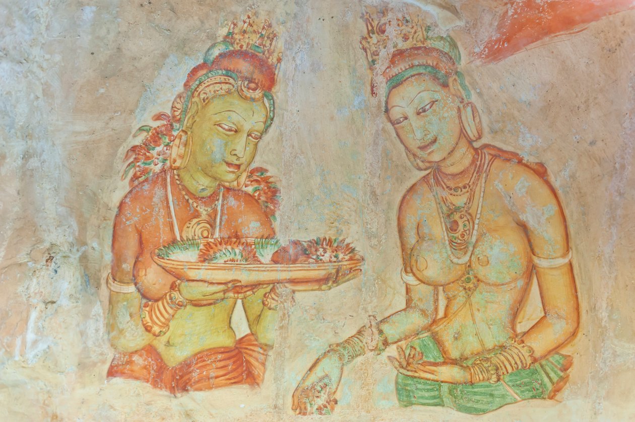 Fresco; barbarmet kvinde med blomster; Apsaras; UNESCOs verdensarvssted; Sigiriya; Sri Lanka; Asien af Unbekannt