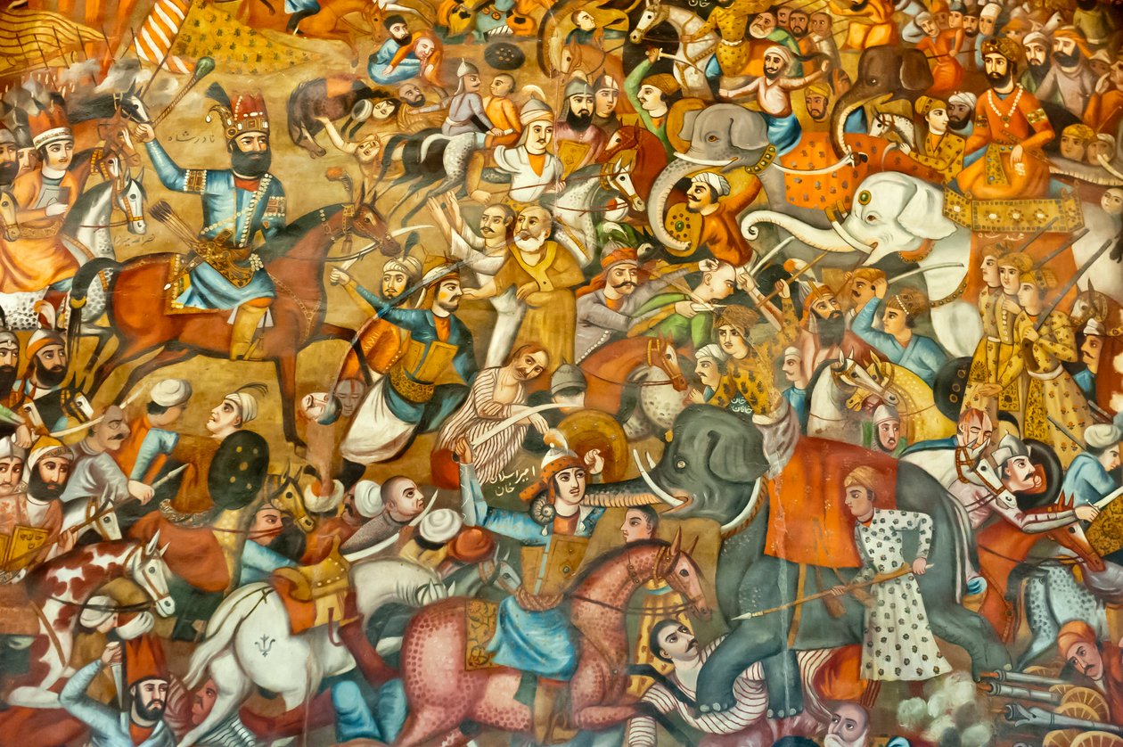 Fresco; kamp; slaget ved Nadir Shah i slaget ved Karnal; 1739; på en hest; mod Sultan Mohammed Shah Gurkani på en hvid elefant; Chehel Sotoun; Fyrre Søjler Palace; Isfahan; Iran; Asien af Unbekannt