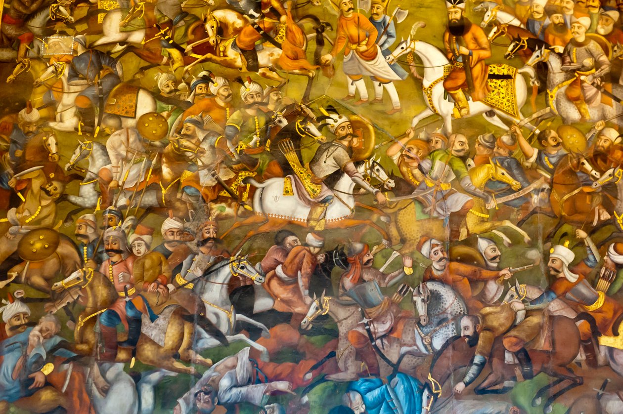 Frisk; slaget ved Chaldiran eller Chaldiran mod osmannerne Sultan Selim I.; 1514; Chehel Sotoun; Fyrre søjler Palace; Isfahan; Iran; Asien af Unbekannt
