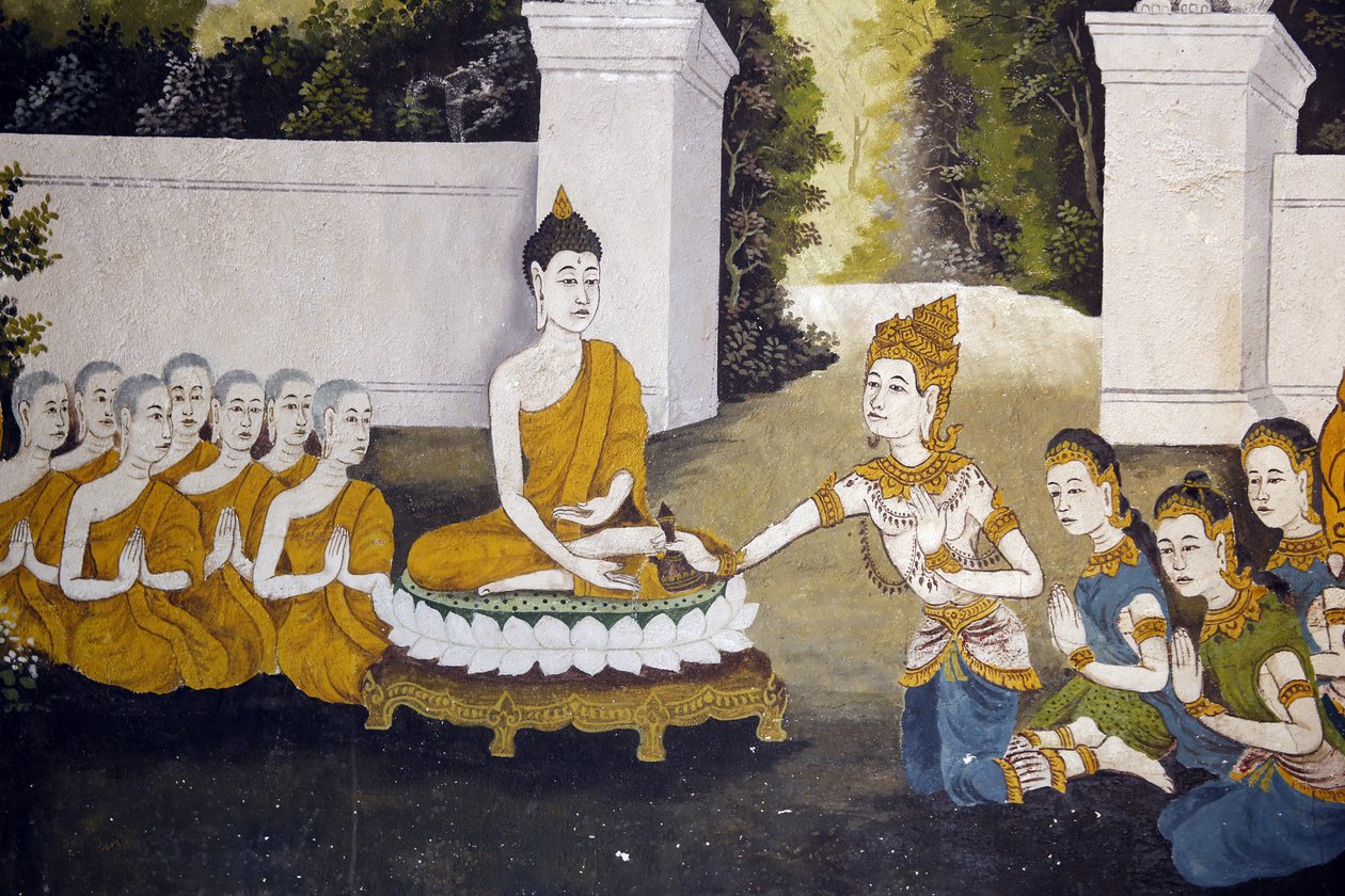 Fresko, der viser en scene fra Buddhas liv i Wat Phra Doi Suthep, Chiang Mai. Buddha modtager almisse. Thailand af Unbekannt