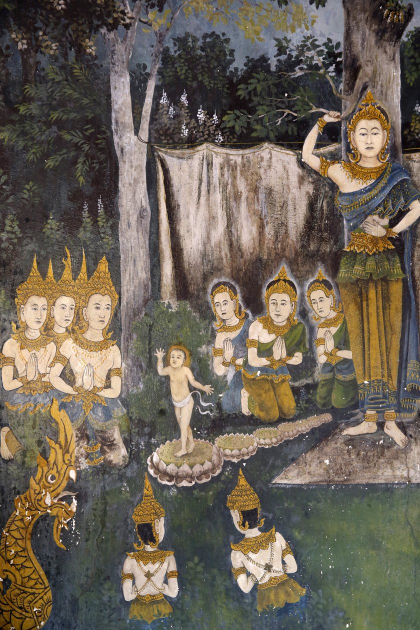 Fresko, der viser en scene fra Buddhas liv i Wat Phra Doi Suthep, Chiang Mai. Thailand. Buddha som barn. af Unbekannt