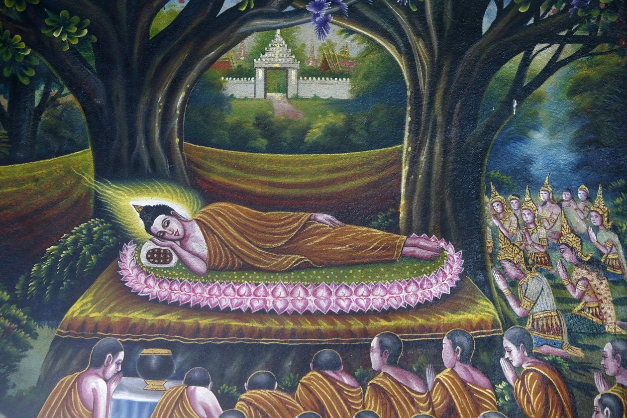 Fresko, der viser Buddhas indtræden i nirvana i Wat Chiang Mun, Chiang Mai. Buddhas indtræden i parinirvana. Thailand af Unbekannt