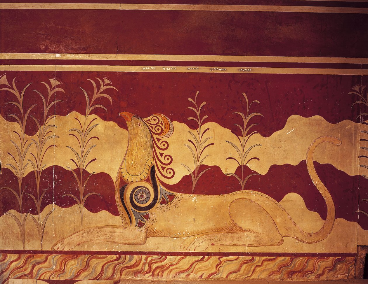 Fresco on a wall, Throne Hall, Palace Of Minos, Knossos, Kreta, Grækenland af Benjamin Baud