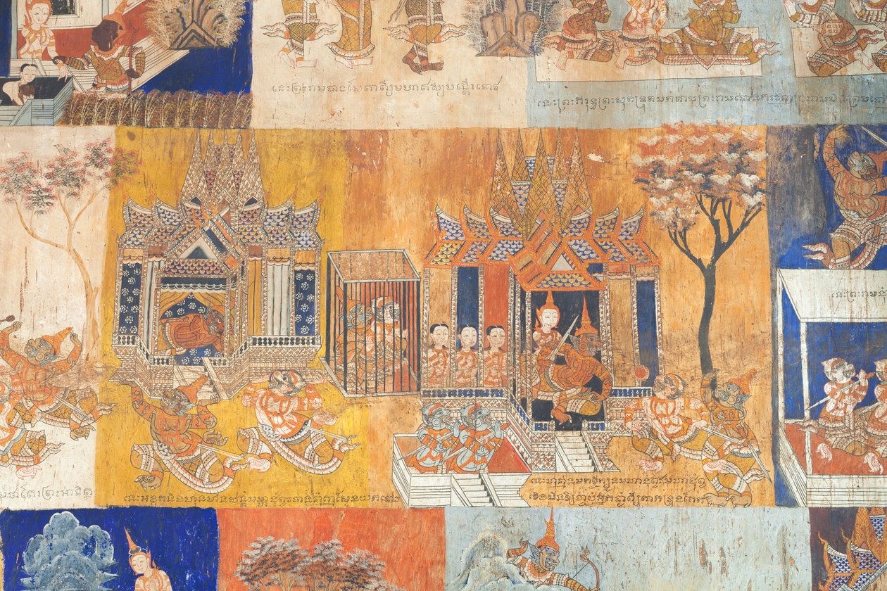 Fresker, der pryder væggene i Wat Bo, skildrer scener fra Reamker, Siem Reap, Cambodia (foto) af Unbekannter Künstler