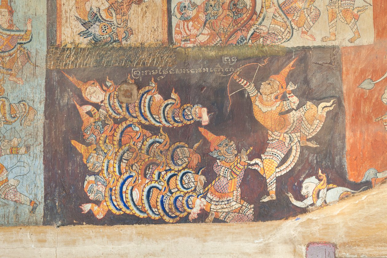 Kalkmalerier pryder væggene i Wat Bo, der skildrer scener fra Reamker, Siem Reap, Cambodia (foto) af Unbekannter Künstler