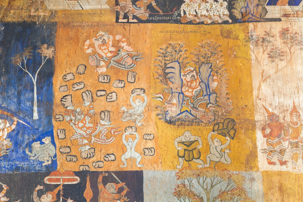 Kalkmalerier pryder væggene i Wat Bo, der skildrer scener fra Reamker, Siem Reap, Cambodia (foto) af Unbekannter Künstler