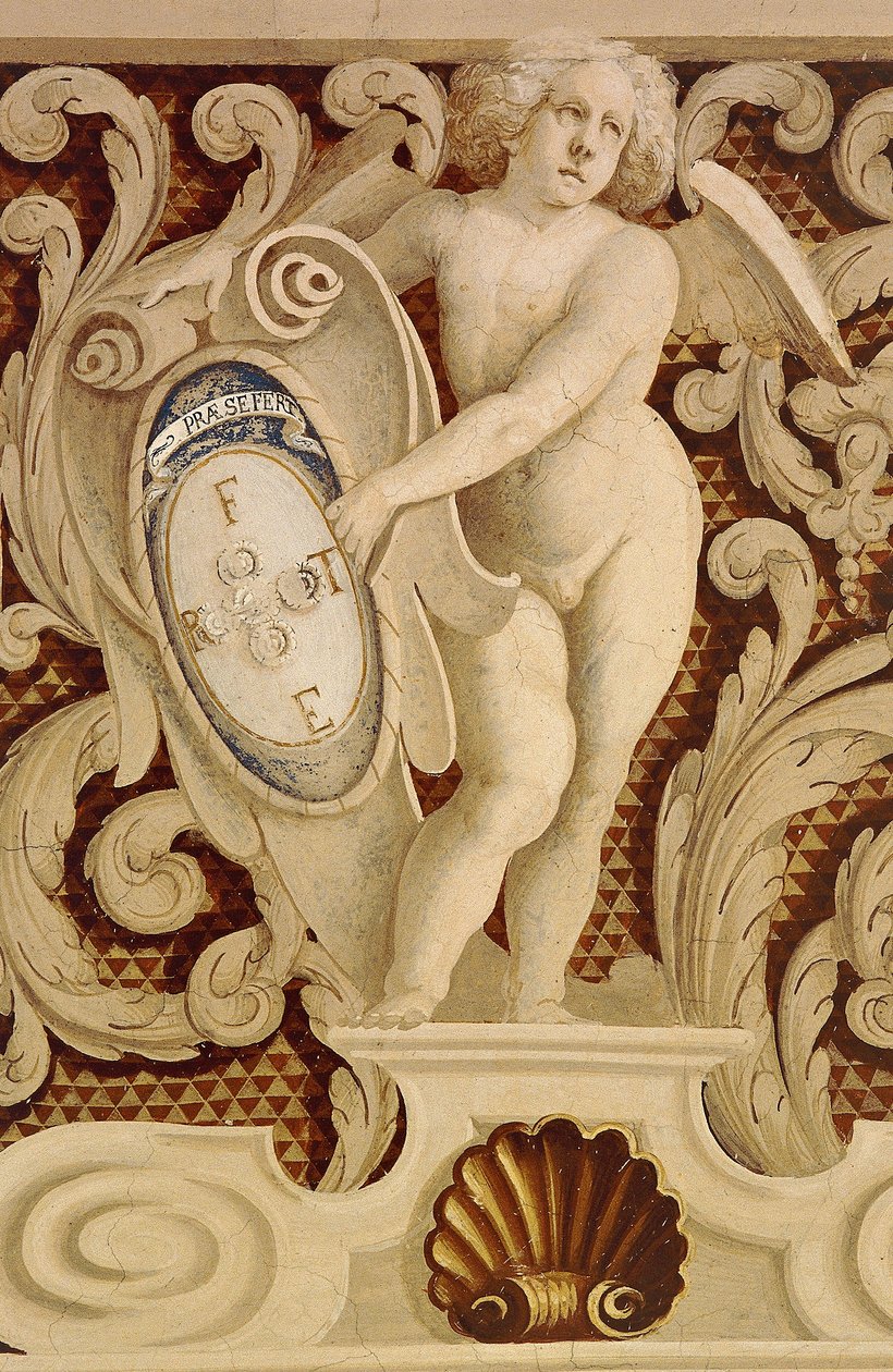 Fresker af Baronial Hall (15. århundrede), detalje, Della Manta Castle, Manta (Cuneo), Piemonte, Detail, Italien af William M. Timlin