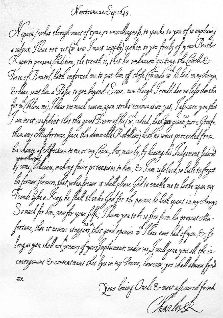 Venligt brev fra Charles I til hans nevø, prins Maurice, skrevet i Newtown, Powys, Wales, 20. september af Unbekannt