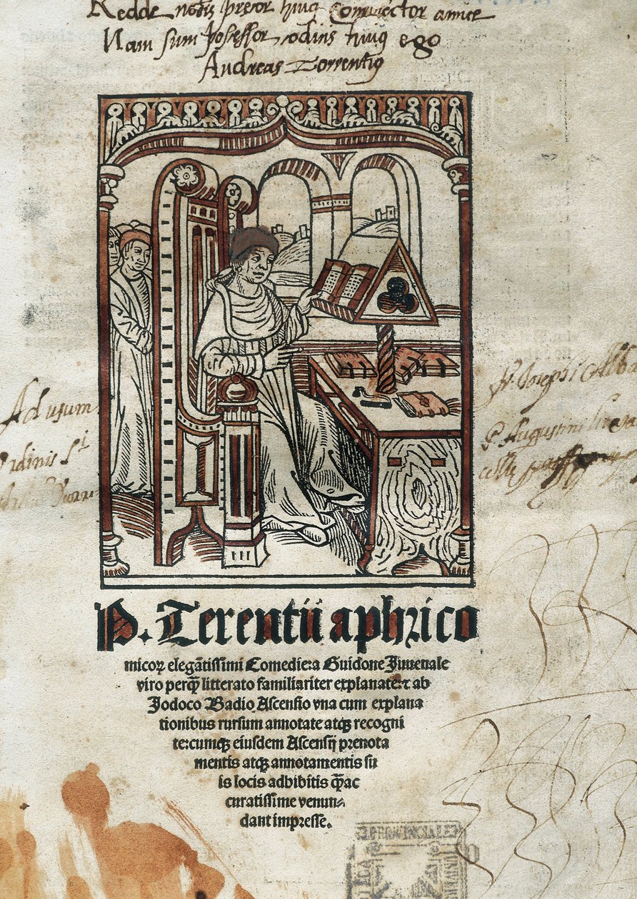 Frontispice af komedier af den komiske digter Terence (Publius Terentius Aferer) (190-145 f.Kr.). Forfatteren er repræsenteret. af Unbekannt