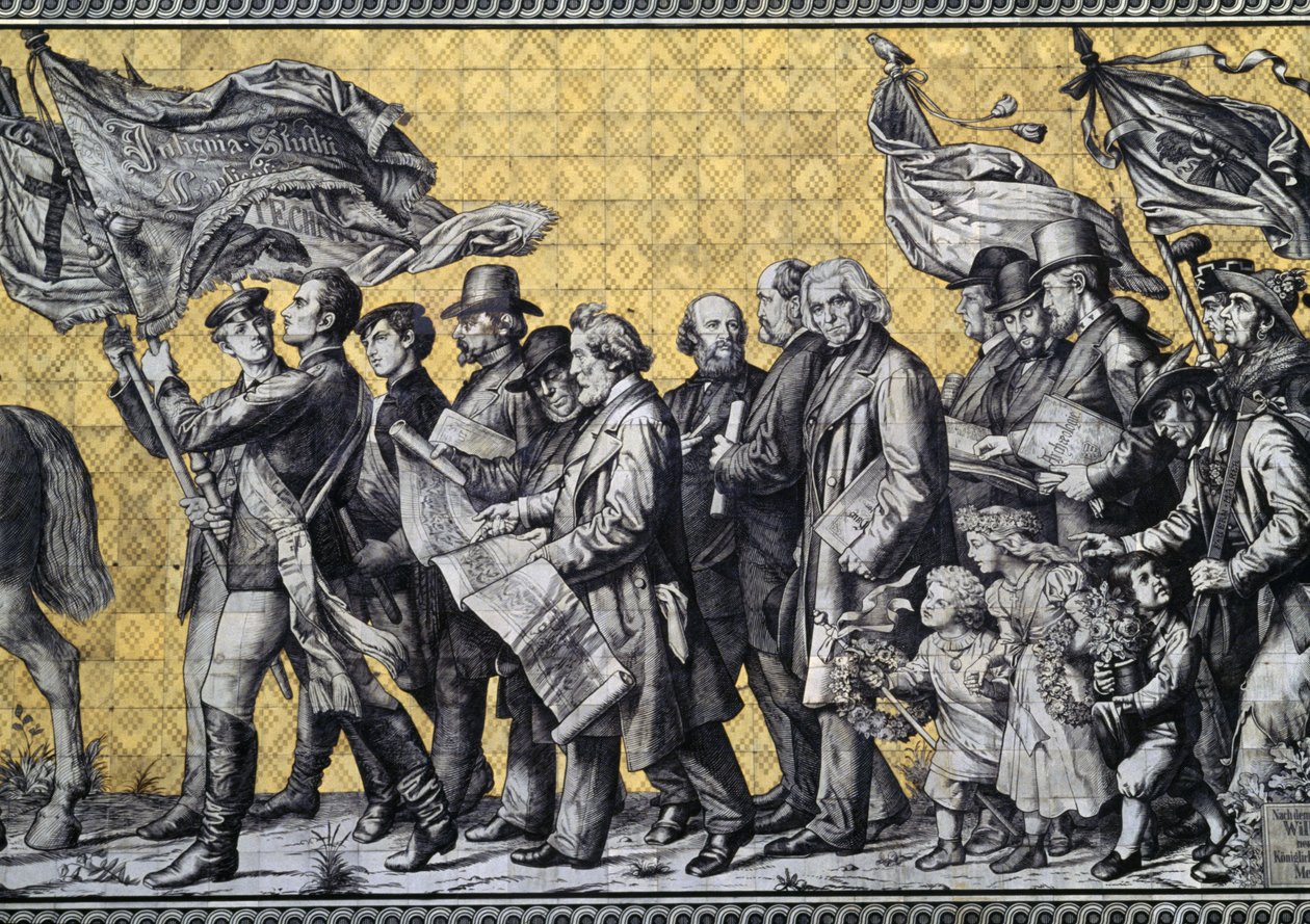 Furstenzug, eller prinsernes procession, i Augustusstrasse, udført af 25.000 Meissen-fliser, detalje, Dresden, Sachsen, Tyskland af Benjamin Baud