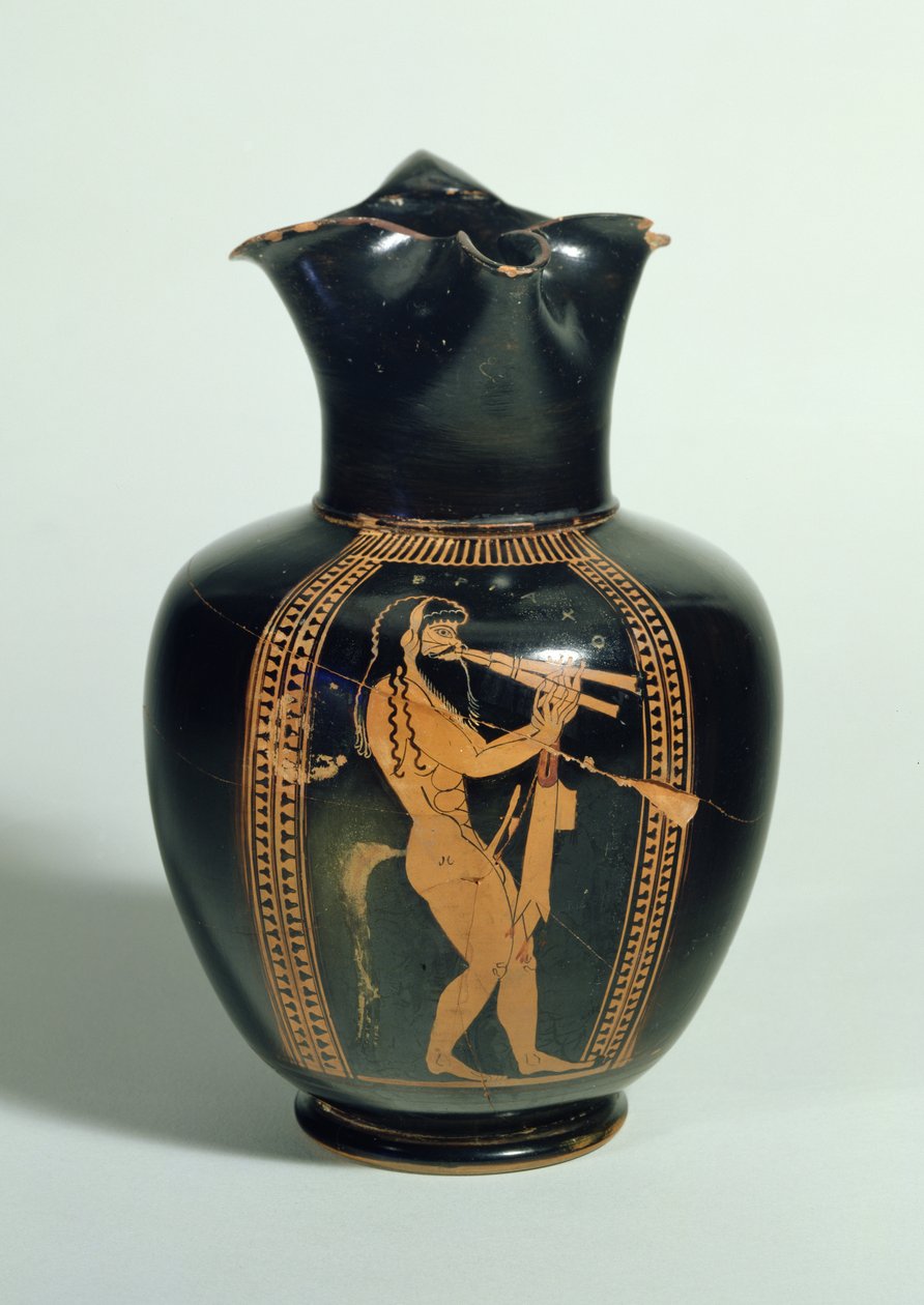 GR.126-1864 Oinochoe, dekoreret med Satyr, der spiller dobbeltfløjter, attisk rød figur, Athen, græsk, 520 f.Kr. (ler) af Unbekannt