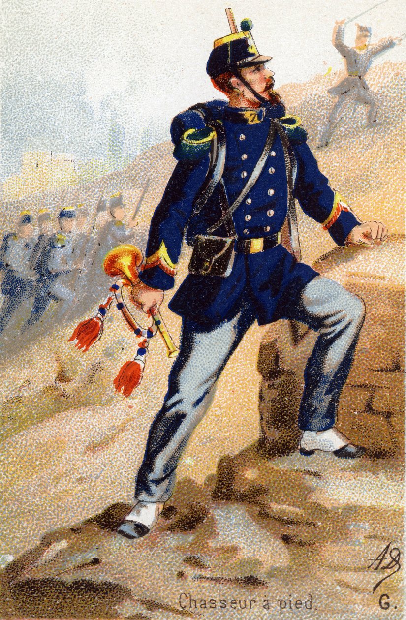 G: Fodjæger. Indgravering i "Militæralfabet". Illustratorens initialer: A. D. Ukendt forlag. Kromolitografier sidst i det 19. århundrede. Mål: 10,5 x 7 cm. af Unbekannt