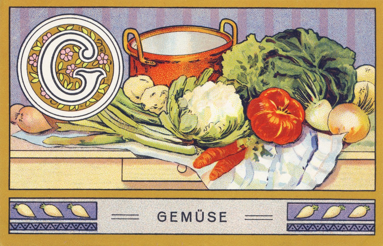G: Grøntsag - Alfabet Palmine. Serie af kromolitografier redigeret af H. Schlinck & Cie, Hamburg, s. d. . Annonce for Palmins fineste kokosfedt. Mål: 7 x 11 cm af William M. Timlin