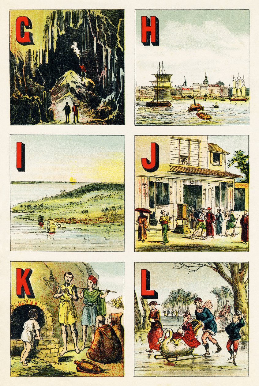 G H I J K L: hule, Hamborg, ø, Japan, Kabylie, sø - Indgravering udtrukket fra det geografiske alfabet. Guerin-Muller et Cie, forlag, Paris af Unbekannt